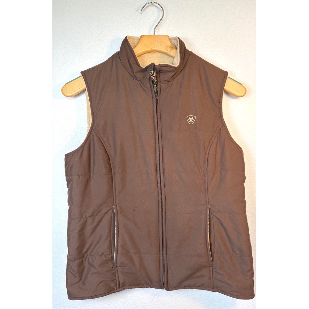 Ariat Reversible Vest Womens Small Petite Brown Beige Fleece Excellent Puffer